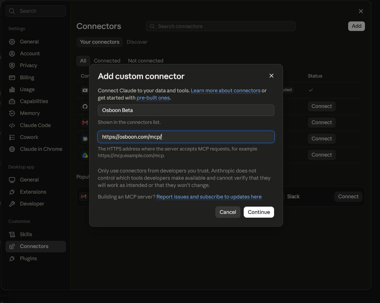 Claude’s Add custom connector dialog with the Osboon address pasted in