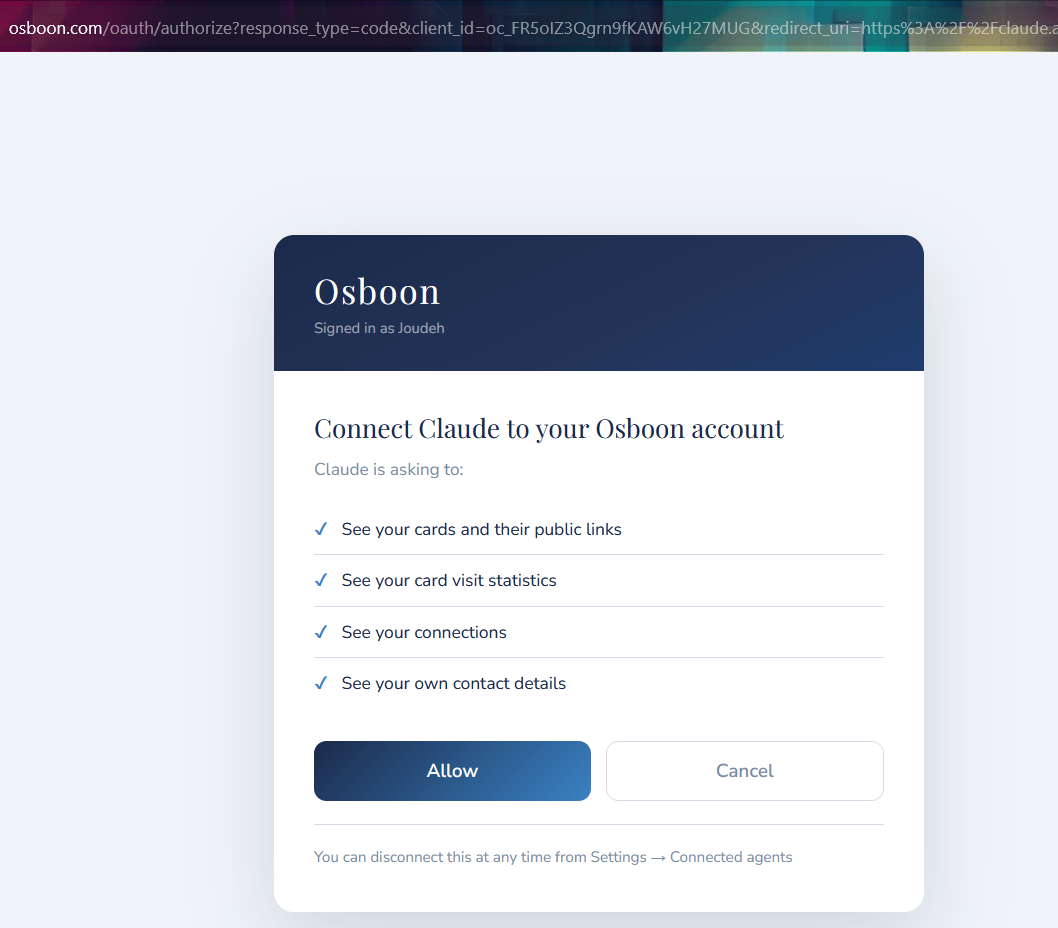 Osboon’s consent screen listing what the assistant may read, with the Allow button